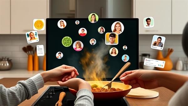An engaging digital kitchen scene featuring diverse hands cooking together virtually on a shared screen, surrounded by floating ingredient icons, recipe cards, and user profile avatars, symbolizing a vibrant and collaborative cooking community.