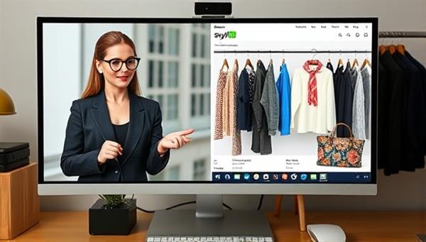 A computer screen split into two sections, one showing a stylish virtual stylist providing advice, and the other displaying a collection of fashionable clothing items, creating an interactive and engaging online shopping experience.
