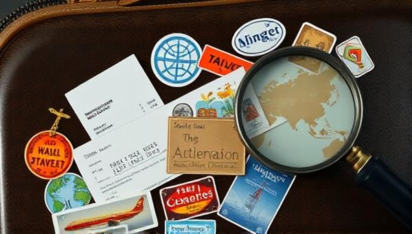 An intriguing and mysterious suitcase with travel stickers from around the world, a boarding pass peeking out, and a magnifying glass, symbolizing the element of mystery and adventure in the travel experience.