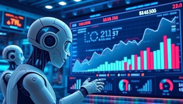 An illustration of a futuristic AI system analyzing financial charts and graphs in a virtual environment, with digital projections of business growth patterns, conveying advanced technology and financial insights.
