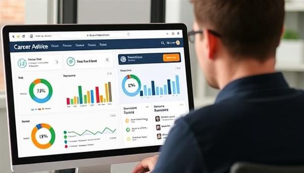 An individual receiving personalized career advice on the CareerCrafters platform, with charts displaying skill assessments, job opportunities, and networking connections, creating a professional and supportive career development environment.