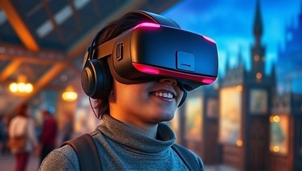 An individual wearing a virtual reality headset, fully immersed in a fantastical digital world with characters and interactive story elements surrounding them, conveying the magic of the interactive storytelling experience.