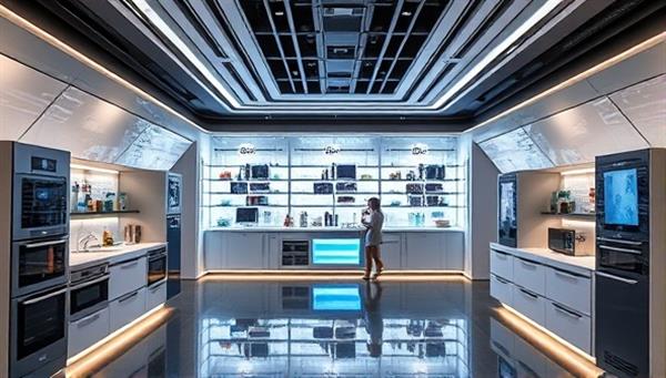 A futuristic store layout with sleek smart kitchen appliances on display, interactive touchscreens demonstrating product features, and knowledgeable staff assisting customers in exploring the latest culinary technologies, creating a high-tech and immersive shopping experience.