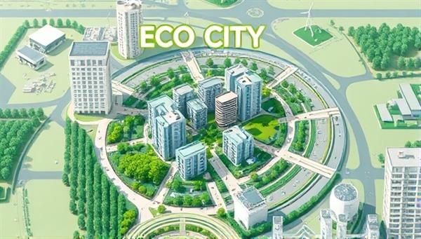 An aerial view of a sustainable eco-city concept showcasing green spaces, renewable energy sources, pedestrian-friendly designs, and efficient transportation systems, illustrating the vision of sustainable urban planning and eco-friendly infrastructure.