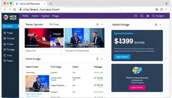 An online platform interface displaying a virtual event dashboard with sponsor opportunities, event details, and sponsorship package options, illustrating the seamless and efficient process of connecting sponsors with virtual events.