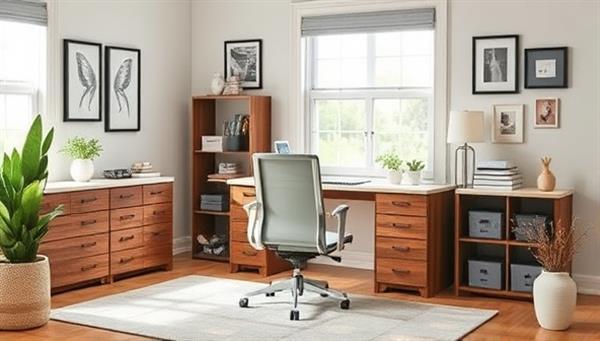 A beautifully designed home office setup featuring a customized desk, ergonomic chair, personalized decor, and natural lighting, creating a harmonious and productive workspace that blends style and functionality.
