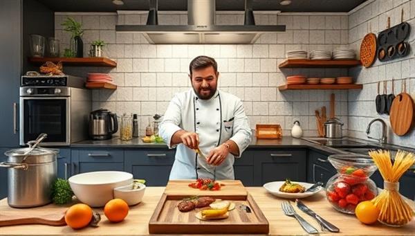 A virtual gourmet kitchen setup with professional cooking equipment, fresh ingredients, and culinary tools, featuring a celebrity chef guiding a cooking masterclass on a signature dish, inspiring culinary creativity and gourmet exploration.