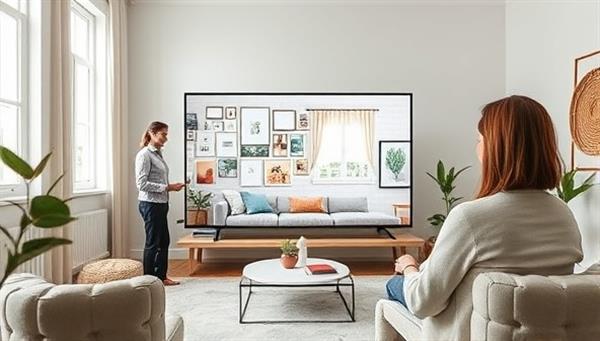 A virtual interior design consultation session with a designer presenting mood boards, color swatches, and room layout suggestions on-screen, collaborating with a client to visualize design concepts and create a harmonious living space in a digital studio setting.
