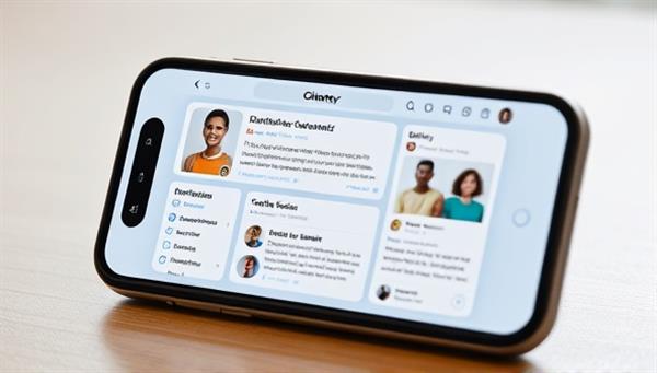 An interactive community forum interface on a smartphone screen, showing citizens discussing local issues, submitting feedback, and engaging with government officials virtually, symbolizing active participation and community empowerment.