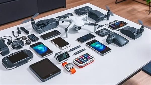 An exciting image of a diverse range of cutting-edge tech gadgets neatly arranged on a sleek display table, featuring smartphones, smartwatches, drones, and other futuristic devices, creating a tech-lover