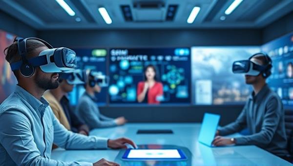 An image of users wearing VR headsets engaging in a virtual meeting room environment, interacting with avatars and digital interfaces, showcasing the immersive and futuristic communication experience of Telecommunications Virtual Reality Experience.