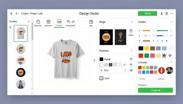 An online design studio interface showing a user creating a custom product, with a variety of design elements, colors, and options to choose from, conveying the concept of personalized merchandise creation and customization.