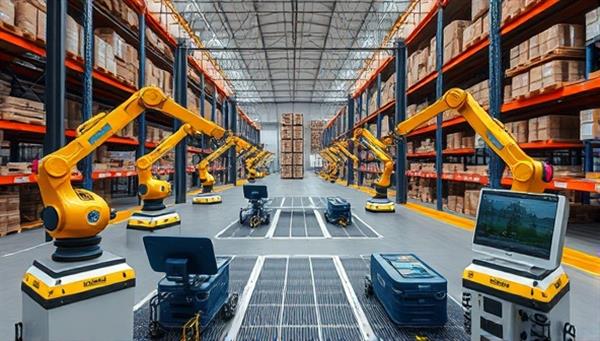 A virtual training environment depicting a warehouse setting with robotic arms, automated conveyors, and inventory drones in operation, accompanied by digital training modules, simulation controls, and robotic programming interfaces, creating an immersive learning experience in warehouse robotics.