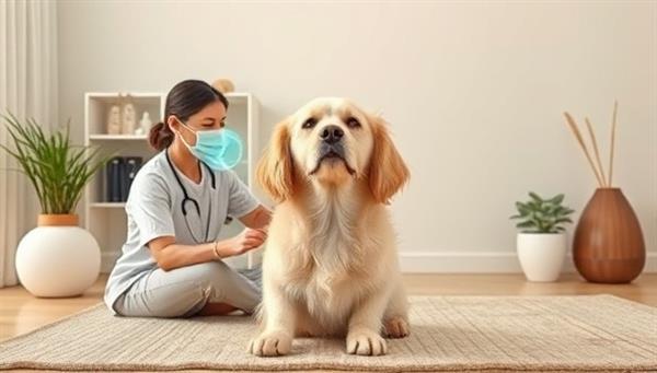 A virtual pet relaxation therapy session scene showing a therapist guiding a pet through relaxation exercises and soothing music via video call, with calming visuals and aromatherapy diffusers in the background, promoting a serene and peaceful environment for pets.