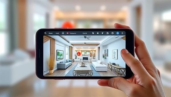An AR-enabled smartphone displaying a virtual property tour with interactive features like furniture placement, color customization, and renovation simulations, illustrating the futuristic and engaging nature of AR Home Voyager