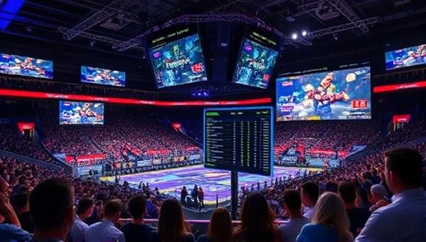 An esports arena setting with digital screens displaying live esports matches, cheering fans, and a virtual betting interface overlaid on the screens, illustrating the integration of esports, betting, and interactive features in the eBet Arena platform.