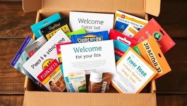 An assortment of colorful and branded promotional products and samples neatly arranged inside a subscription box, accompanied by a welcome card and discount vouchers from various local businesses, creating a visually appealing and enticing glimpse of the subscription box advertising concept.