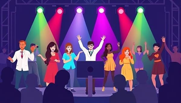 An illustration of a diverse group of performers showcasing their talents virtually on the TalentStream platform, with colorful spotlights and a virtual audience cheering in the background, capturing the spirit of online talent competition and community.