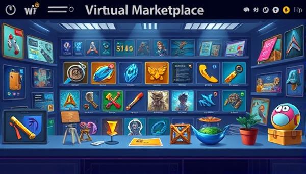 An illustrative depiction of a virtual marketplace interface with various gaming assets and collectibles on display, showcasing the diversity and value of digital items available for trade or purchase within the platform.
