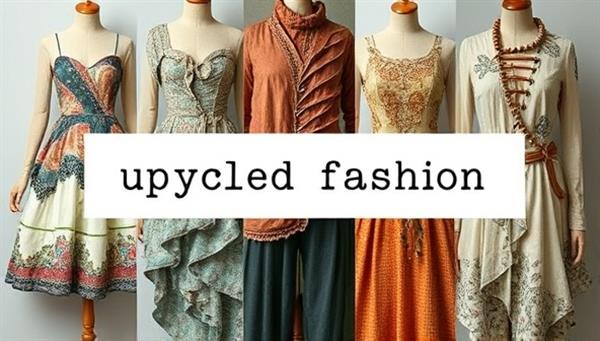 An artistic collage of upcycled fashion pieces featuring repurposed fabrics, unique textures, and intricate designs, symbolizing creativity, sustainability, and the beauty of eco-friendly fashion transformation.