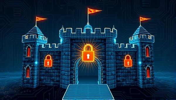 A digital fortress symbolizing data security, with intricate locks, shields, and firewalls protecting sensitive information, conveying a sense of trust and protection in the digital realm.