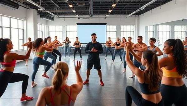A dynamic fitness scene featuring a virtual training session with a FitSphere Coaching expert leading a group workout, surrounded by diverse participants engaging in exercises, stretching routines, and motivational activities, exuding energy and positivity in a virtual fitness environment.