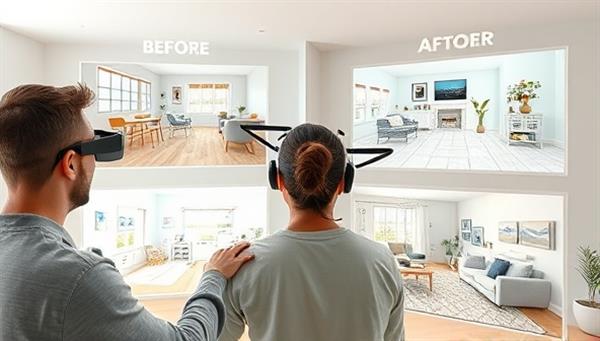 An imaginative digital visualization of a virtual home renovation consultation session, featuring a homeowner exploring different design options and layout plans in a virtual reality environment, with before-and-after images of renovated spaces, inspiring a sense of home transformation and creativity.