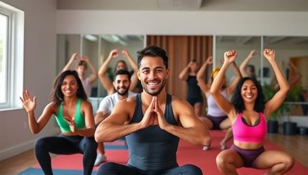 A vibrant virtual workout session with a professional trainer guiding a group of diverse individuals through energizing exercises via a video call, showcasing inclusivity and active engagement.
