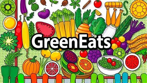 A vibrant digital illustration featuring a colorful array of fresh fruits, vegetables, and plant-based dishes arranged in an appetizing and visually appealing manner, symbolizing the healthy and delicious meal options offered by GreenEats Express, inviting users to savor nutritious plant-based cuisine.