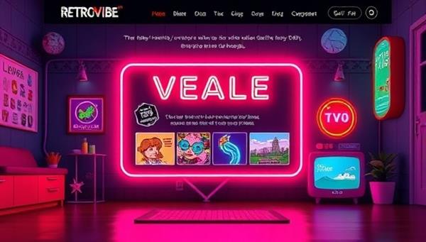 An artistic portrayal of a website interface featuring retro design elements like neon lights, pixel art graphics, and vintage typography, exuding a nostalgic and whimsical vibe synonymous with the creative and captivating web designs crafted by RetroVibe Studios.