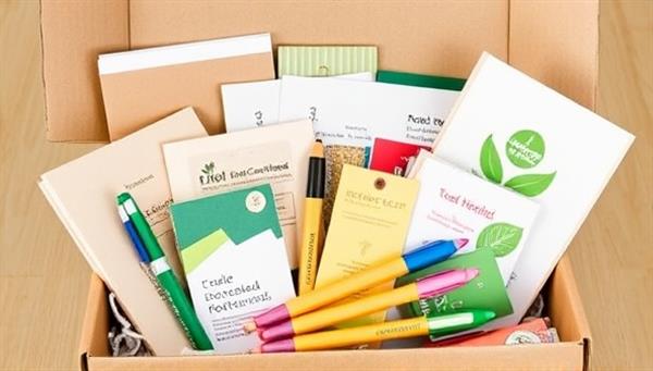 An assortment of eco-friendly school supplies displayed in a subscription box, featuring recycled paper products, plant-based pens, and compostable packaging, highlighting the sustainability and environmental focus of the educational supply service.