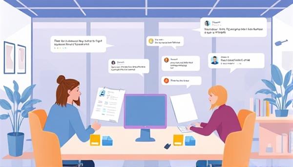 An illustration of a virtual office space with team members engaging in real-time chat discussions, sharing files, and assigning tasks using SmartTeam Chat, showcasing a dynamic and collaborative work environment supported by the platform