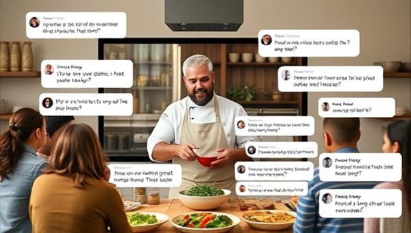 An engaging virtual cooking session with a chef demonstrating a recipe on a live stream, surrounded by digital chat bubbles from participants asking questions and sharing cooking tips, creating a vibrant and interactive culinary learning environment.