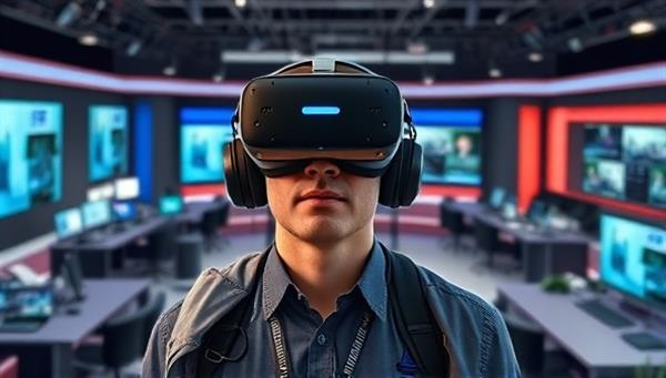 An imaginative depiction of a journalist wearing a VR headset surrounded by virtual newsroom elements like digital screens, press conference setups, and collaborative workspaces, illustrating the immersive VR newsroom experience.