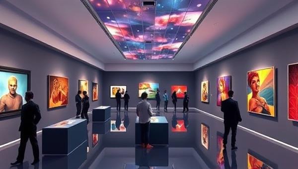 An immersive visualization of a virtual art gallery space with interactive exhibits, vibrant artworks displayed on digital screens, and avatars of visitors exploring the virtual art world, capturing the essence of ArtVirtuoso Gallery