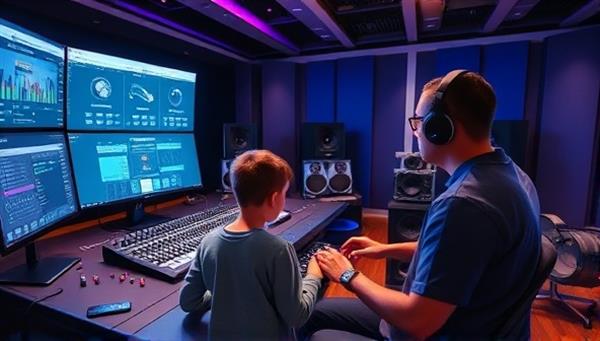 An immersive virtual studio environment with a music producer guiding a student through the process of mixing tracks, adjusting audio levels, and adding effects, capturing the creative and collaborative essence of learning at BeatForge Studio.