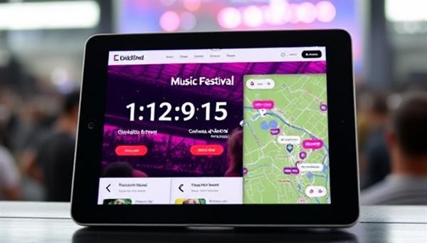 An image of a tablet displaying a dynamic microsite for a music festival, featuring a countdown timer, ticket purchase button, and interactive map, highlighting the immersive experience offered by the microsite design service.