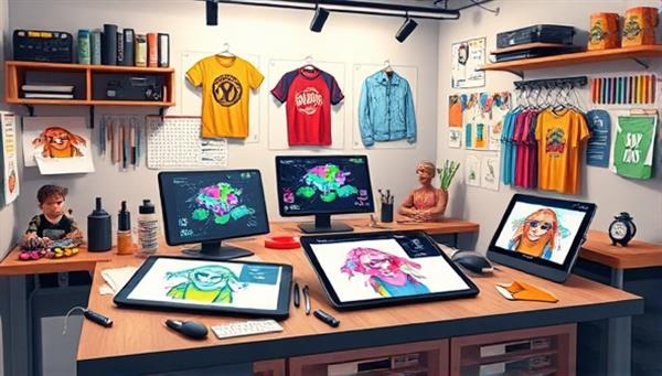 An artistic representation of a virtual design studio workspace filled with digital drawing tablets, creative tools, and colorful sketches of custom gaming merchandise, illustrating the creativity and customization aspect of the virtual merchandise design studio.