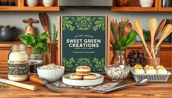 An artistic arrangement of plant-based dessert ingredients, baking tools, and finished vegan treats displayed on a wooden kitchen counter, radiating a sense of creativity, indulgence, and eco-consciousness associated with the Sweet Green Creations dessert recipe box.