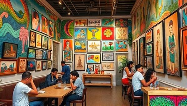 An eclectic café and gallery space featuring colorful murals, diverse art pieces, and customers enjoying global cuisine and live cultural performances, surrounded by a lively and dynamic fusion of culinary and artistic expressions, creating a vibrant and inclusive cultural hub.