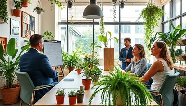 An office space decorated with recycled materials and green plants, featuring a consultant discussing sustainability strategies with a group of engaged business professionals, symbolizing eco-conscious collaboration and innovation.