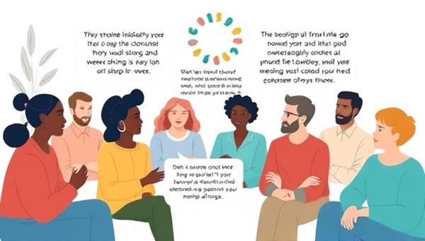 A compassionate virtual support group setting with diverse individuals sharing their stories and providing encouragement, surrounded by calming colors and symbols of mental well-being, creating a sense of solidarity and hope.