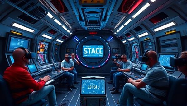 An engaging virtual reality escape room scenario where players are solving puzzles in a futuristic space station, with digital displays, interactive gadgets, and teamwork dynamics showcased.