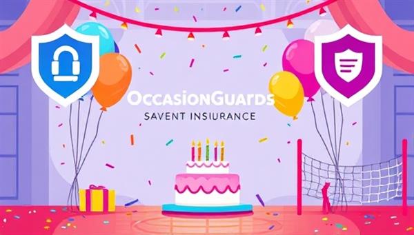 A vibrant illustration of a festive event setting with balloons, confetti, and a celebration cake, surrounded by protective insurance icons like a shield and a safety net, symbolizing the security and assurance provided by OccasionGuard