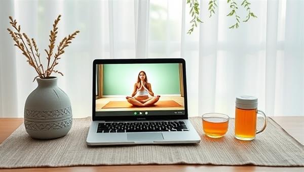 An enchanting virtual retreat setup with a serene backdrop, featuring a laptop streaming a live yoga session, a calming essential oil diffuser, a meditation cushion, and a refreshing herbal tea, inviting viewers to immerse themselves in a peaceful wellness experience.