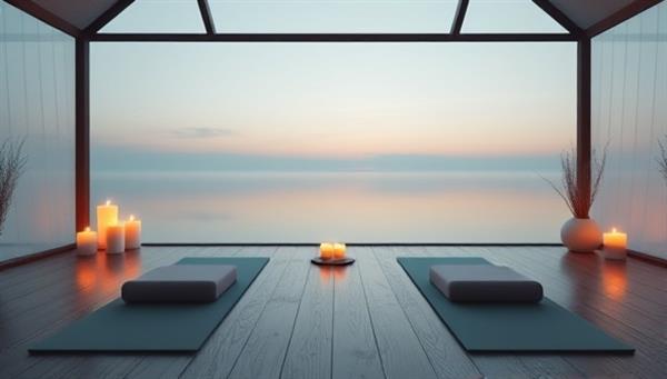 A serene virtual retreat setting with a tranquil background, yoga mats laid out for a session, candles flickering, and gentle nature sounds playing, creating a peaceful and immersive atmosphere for mindfulness practices and relaxation.