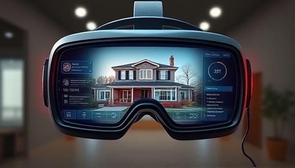 An imaginative visual of a VR headset displaying a virtual property inspection scene, with detailed property features and risk assessment data overlaid, illustrating the immersive and futuristic approach of VRInsure in property insurance assessments.