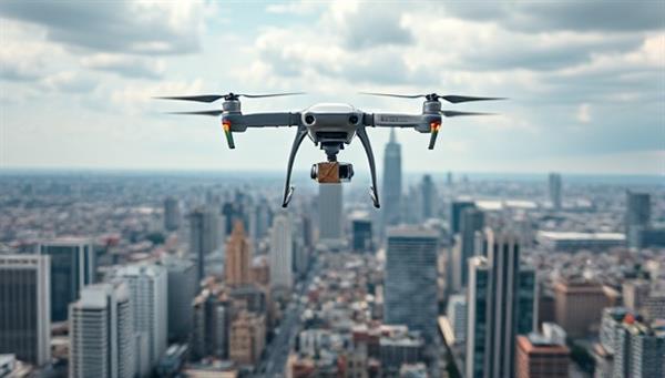 An urban skyline with a drone hovering mid-air, carrying a small package, with a bustling cityscape below, showcasing the efficiency and modernity of urban drone delivery services in action.