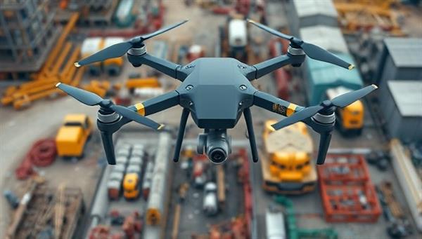A drone hovering above a construction site, capturing high-resolution images of workers, equipment, and structures below, demonstrating the futuristic and efficient nature of drone-based site inspections.