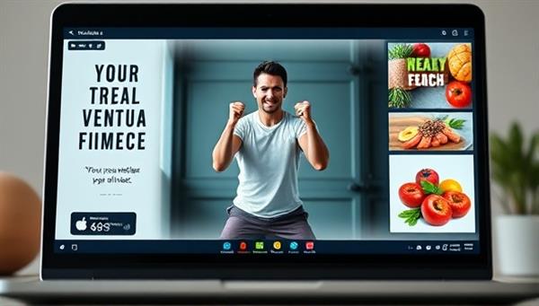 An energetic virtual fitness session displayed on a laptop screen, featuring a coach guiding a user through exercises, with motivational quotes and healthy food images in the background, conveying a sense of vitality and wellness.